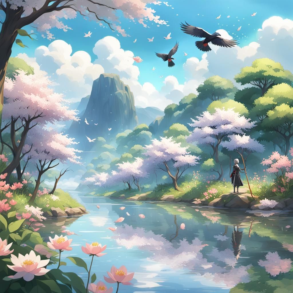 Anime Riverbank Scene with Birds and Flowers