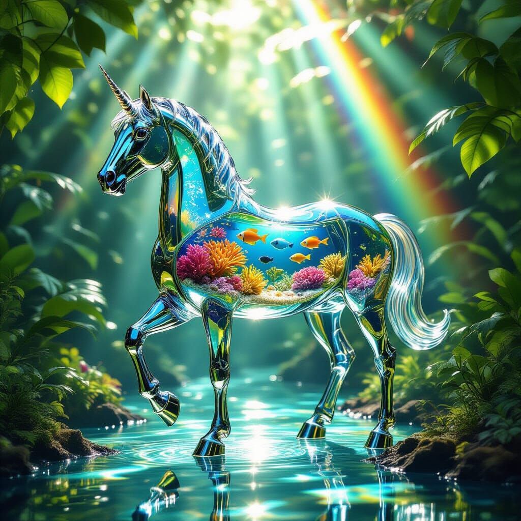 A majestic horse sculpted entirely from sparkling crystal glass, its translucent body refracting sunlight into dazzling rainbow rays. Inside...