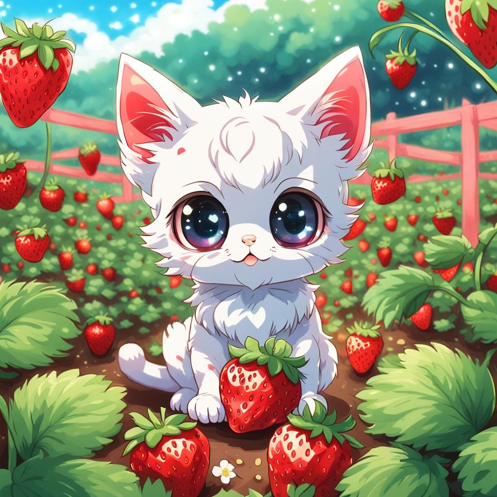 Kitty in strawberry field