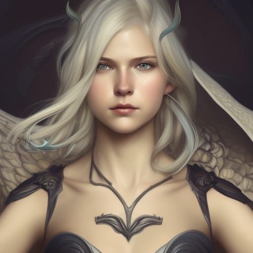 young woman with silver blonde hair with a dragon in the bac...