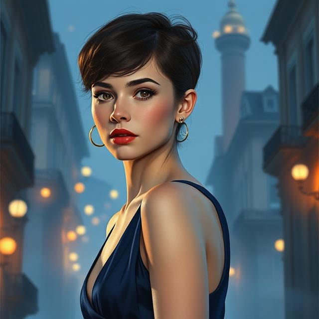 PORTRAIT OF AUDREY HEPBURN DRESSED IN A NAVY-BLUE EVENING DR...