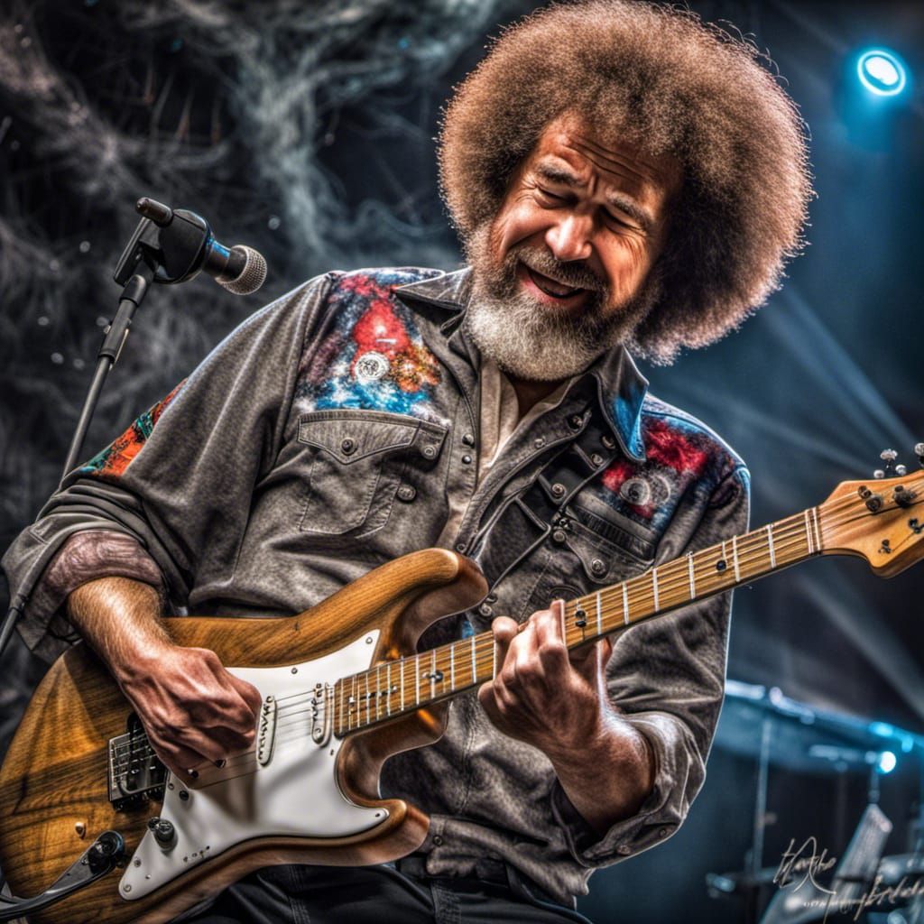 Bob Ross plays the electric guitar in a rock and roll band.  by @Steve Dufour