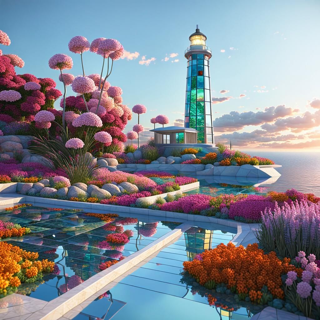 a lighthouse in a utopian futuristic city