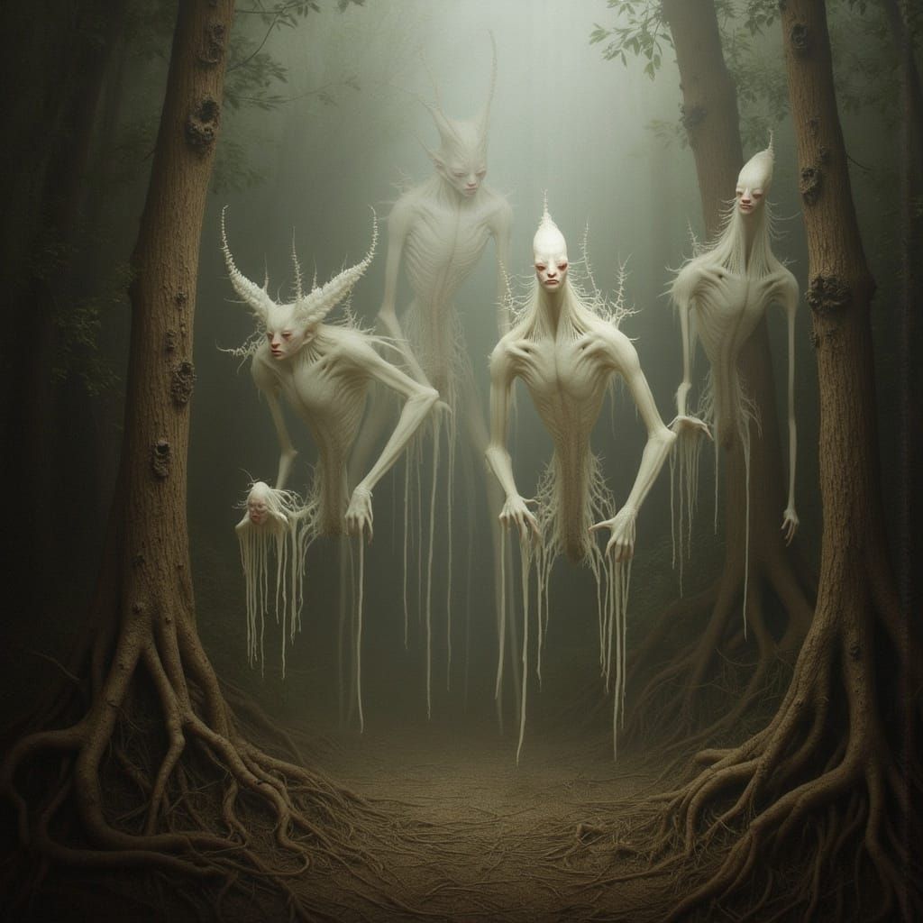 <lora:Pallo Victorian Surr:1.0> Skinny blind albino monsters in the foggy forest
