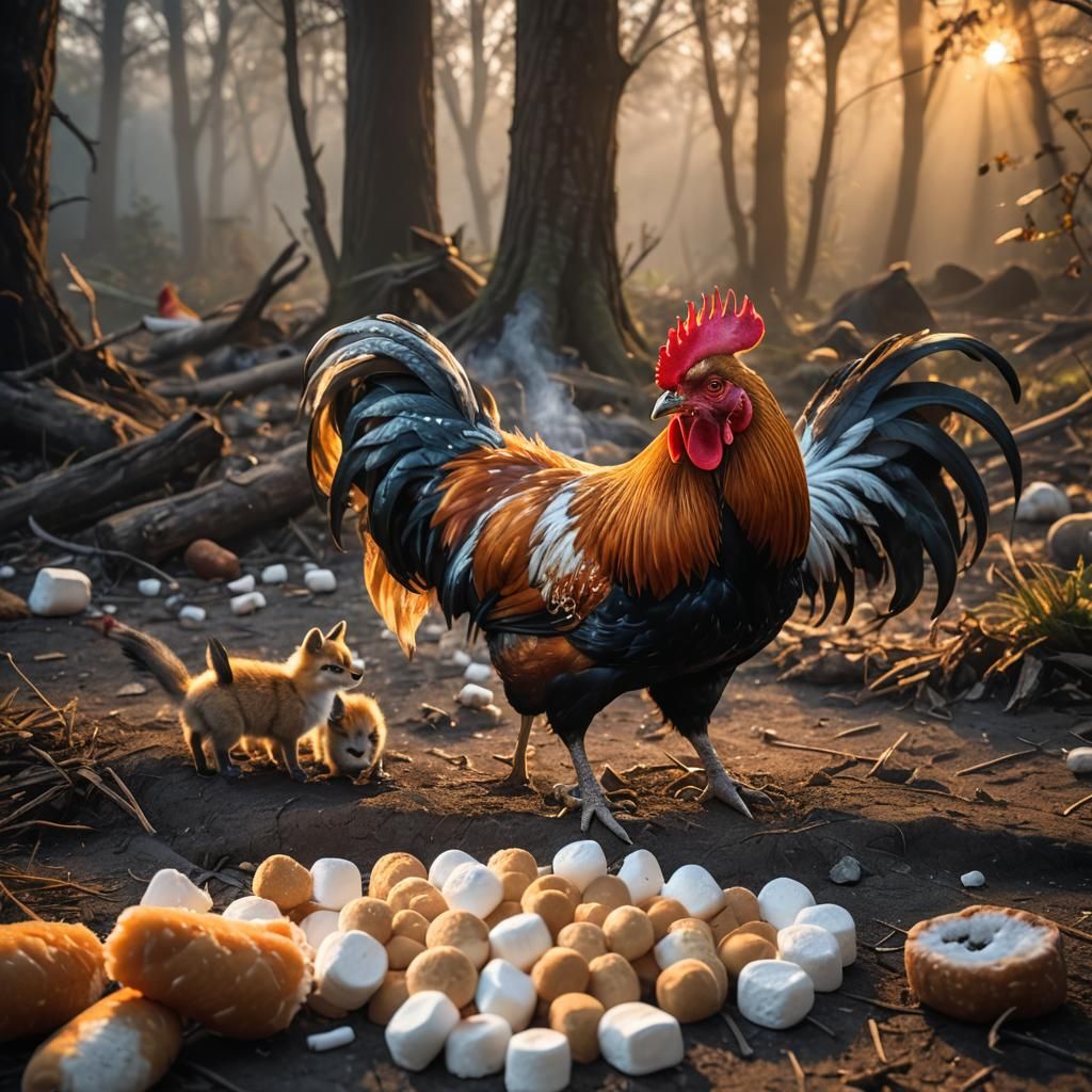 Rooster Enjoys Marshmallows with Foxes, Wildlife Photography