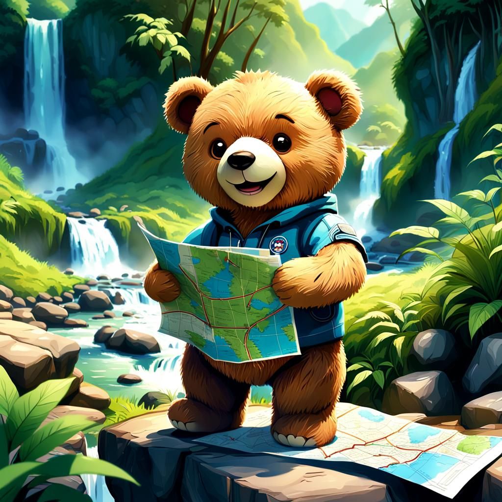 Cute Teddy Bear Headed to Wulai Waterfall, Pixar-Style