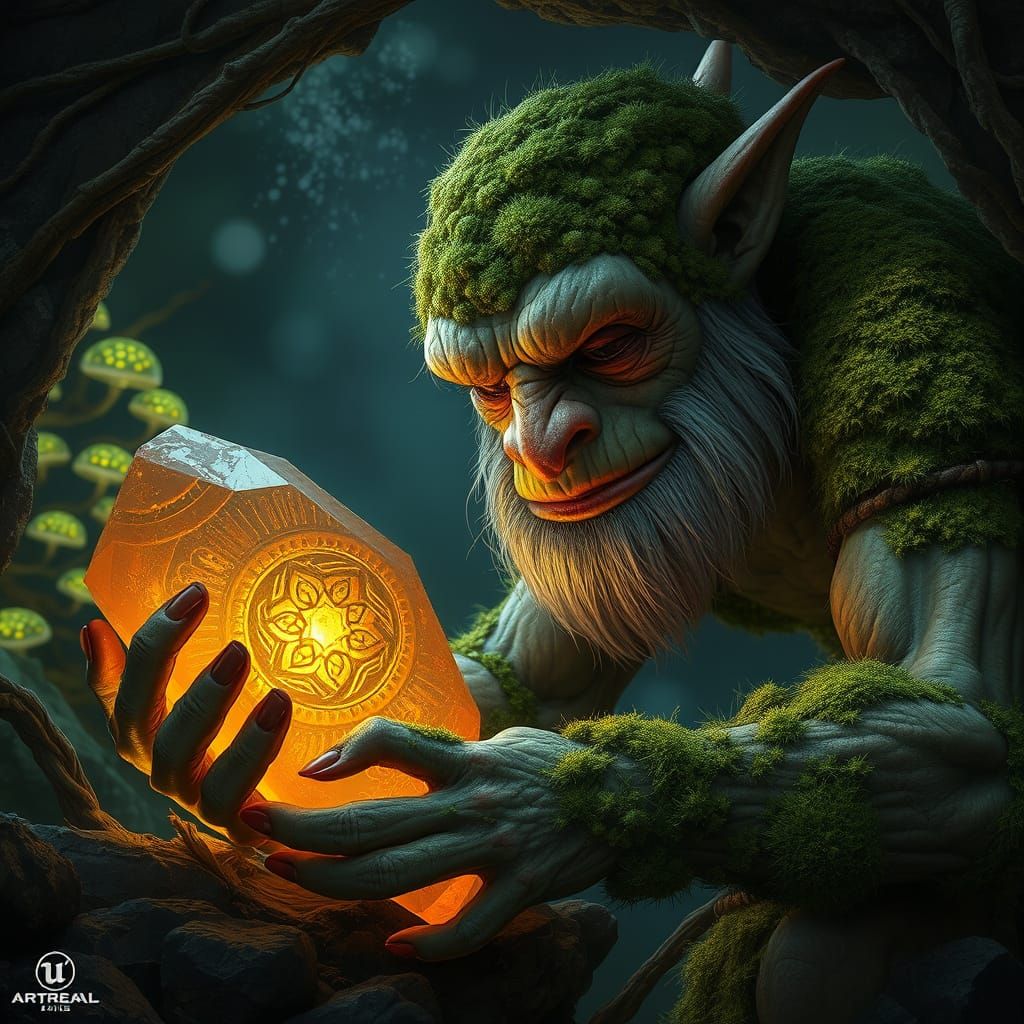 imagine a moss-covered troll artisan meticulously carving intricate designs into a massive gemstone deep ...  by @Silphir