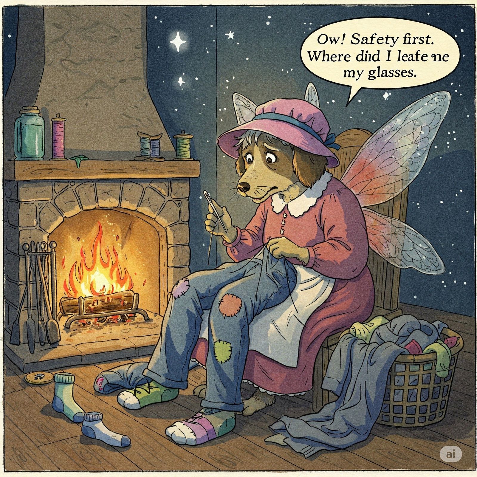 The Fairy Dogmother darns socks and patches trousers