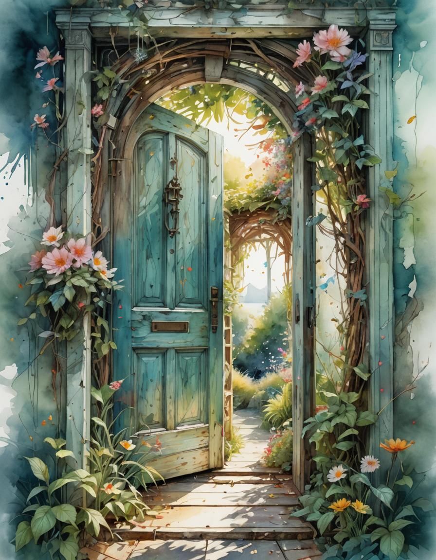 Digital watercolor Illustration of a open door to summer, by Waterhouse, Carne Griffiths, Minjae Lee, ...  by @mingema