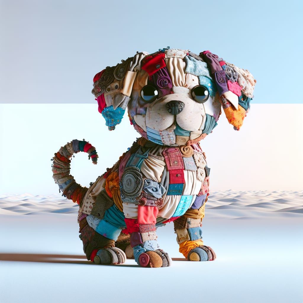 A mesmerizing 3D render of a creative, minimalist sculpture depicting a playful puppy. The puppy is meticulously crafted...