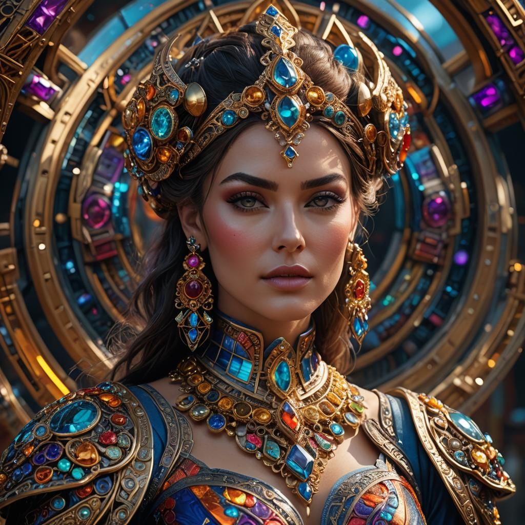 Hyperrealistic portrait of a beautiful woman wearing intrica...
