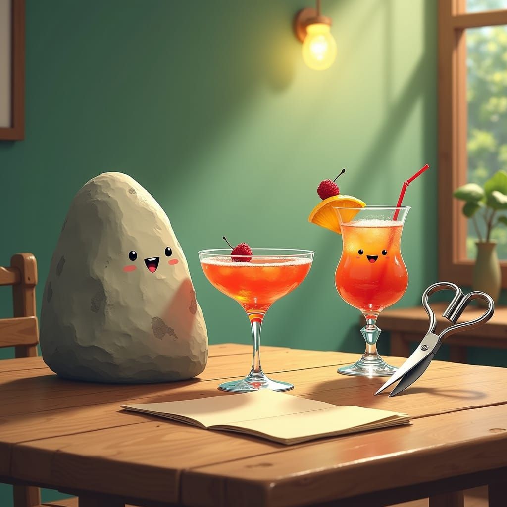 A Rock, A Piece of Paper, and A Scissors all having a drink together. <lora:Serendipitous-Kitty:1.0> 