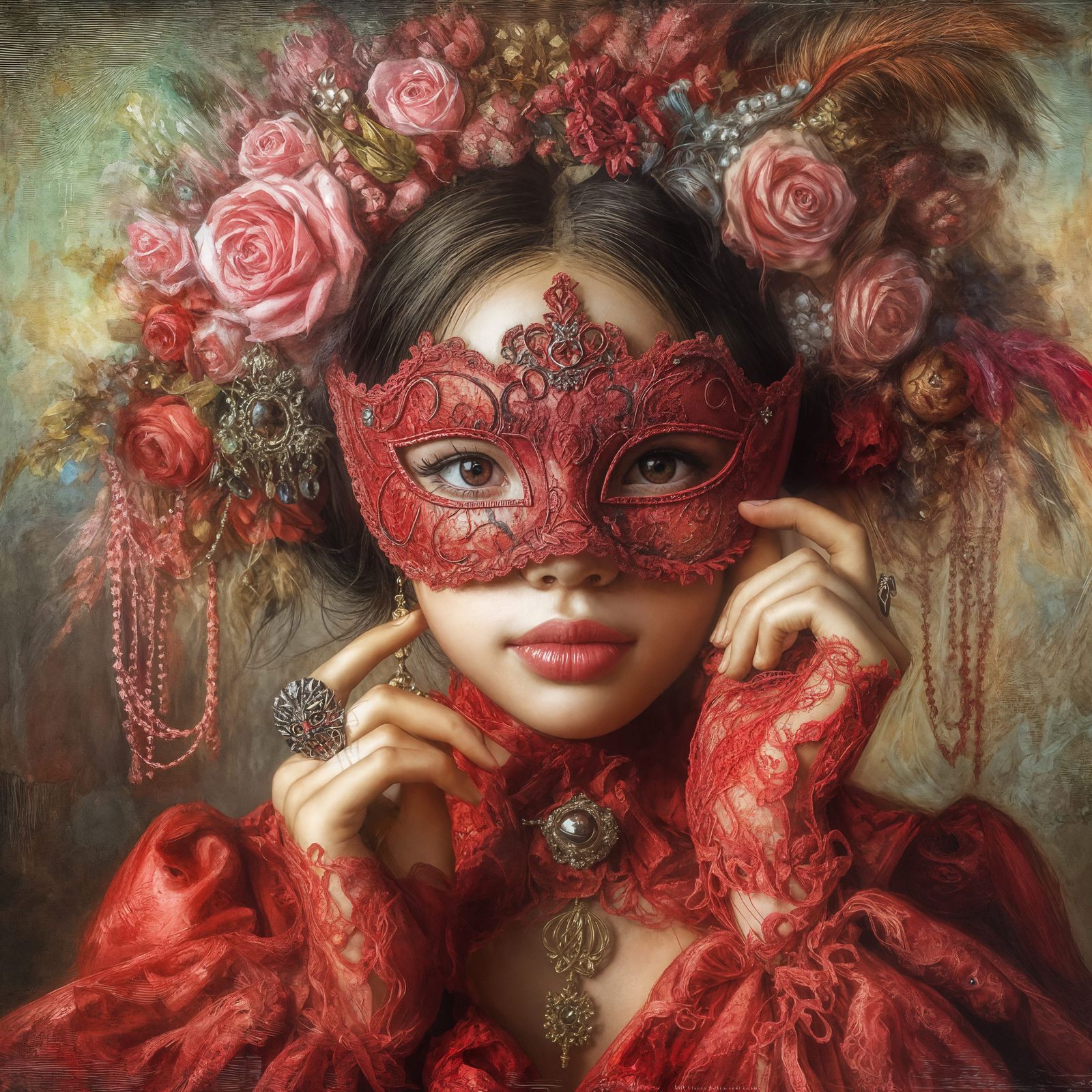 A girl in a red dress and a red lace mask at a masquerade