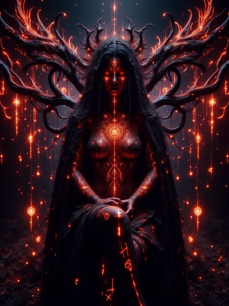 Glowing runes dark, fullbody portrait of a sitting gorgeous sun druid, cinematic fantasy, detailed <lora:Glowing runes flux:1.0> 
