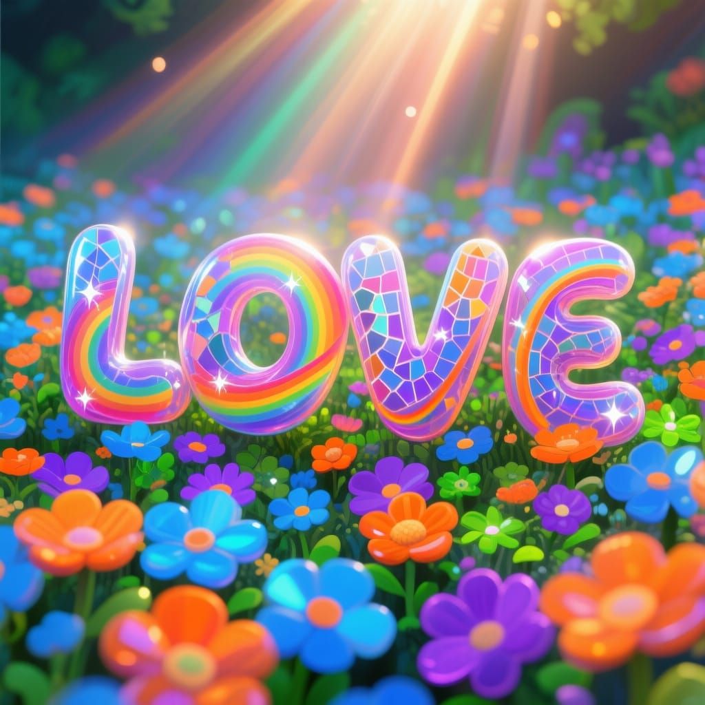 cheerful and intricate digital painting depicting the word 'LOVE' in large, rounded, 3D letters that are imbued with a gradient rainbow effe...