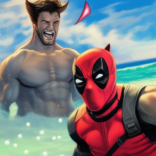 Wolverine and Deadpool on a beach surrounded by bubbles - AI Generated ...