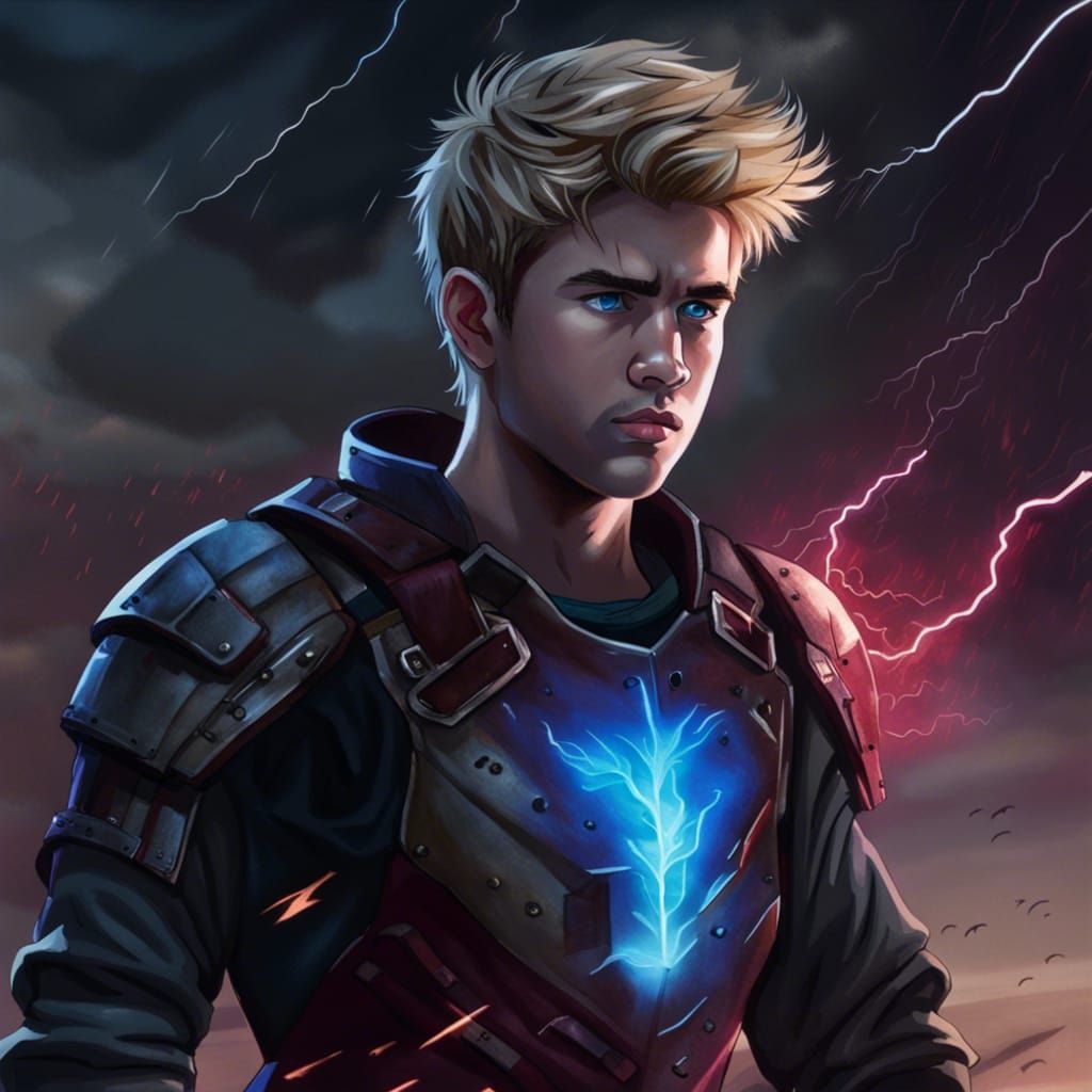 Teen Wizard with Fireball in Apocalyptic Landscape