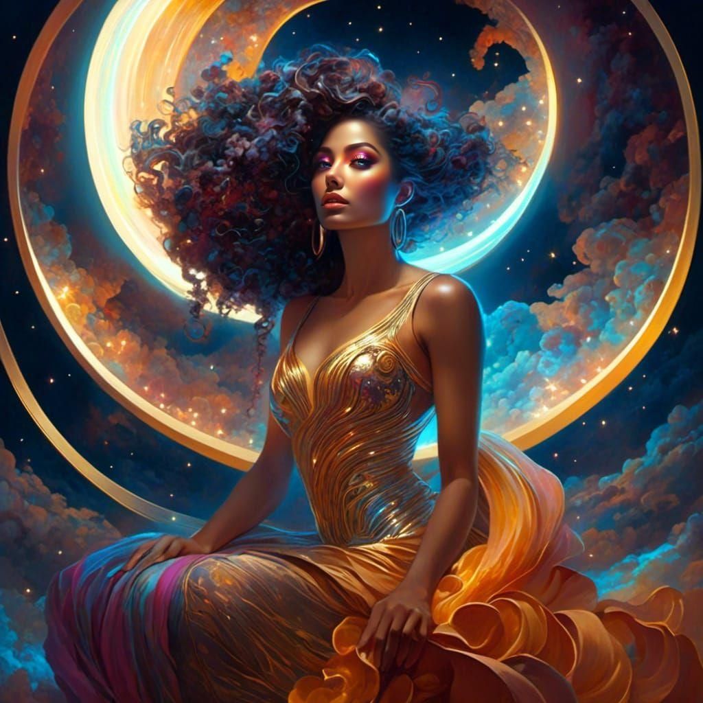 Celestial Woman on Moon: Mixed Media Art