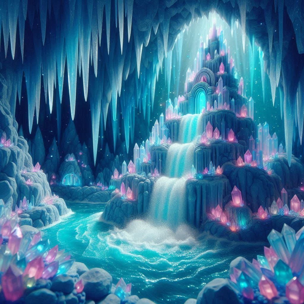 6 magical sparkling Waterfall in a crystal mountain
