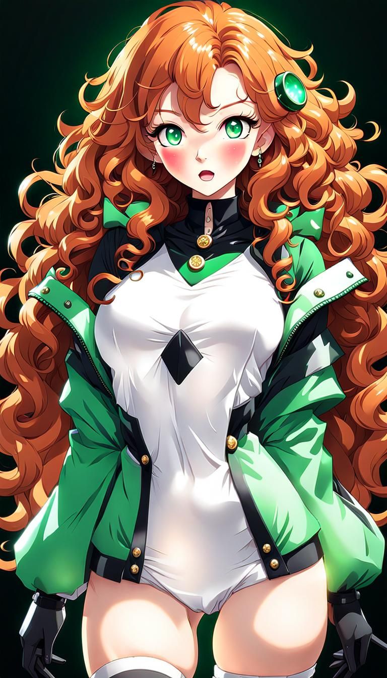 mischievous anime girl, very thick curly ginger hair, large hyper-detailed  bright emerald green eyes, small button nose, many freckles, long... - AI  Generated Artwork - NightCafe Creator