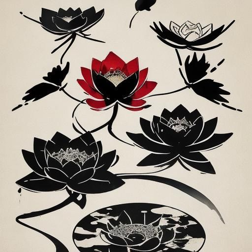 black lotus flowers in the water pond / Qi Baishi style