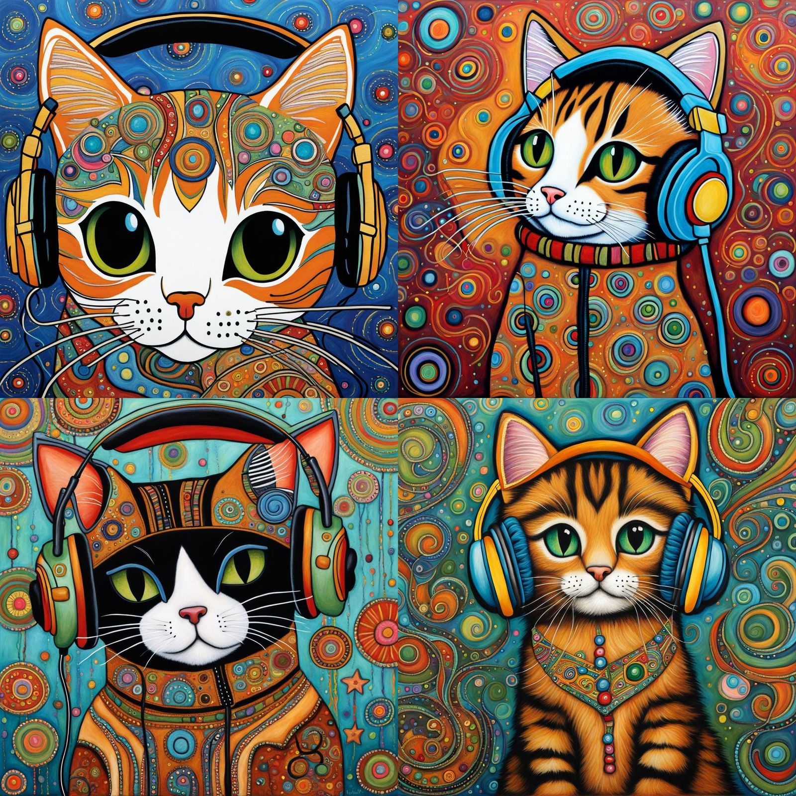 Folk Art Kitten wearing a headphones