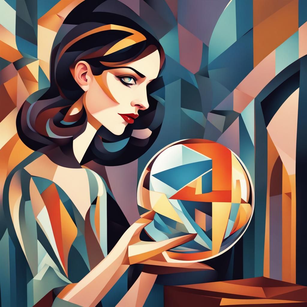 Lady looking through crystal ball art Nouveau