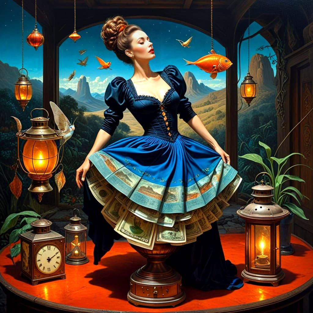 Dynamic Portrait of Woman in Surreal Photorealistic Scene