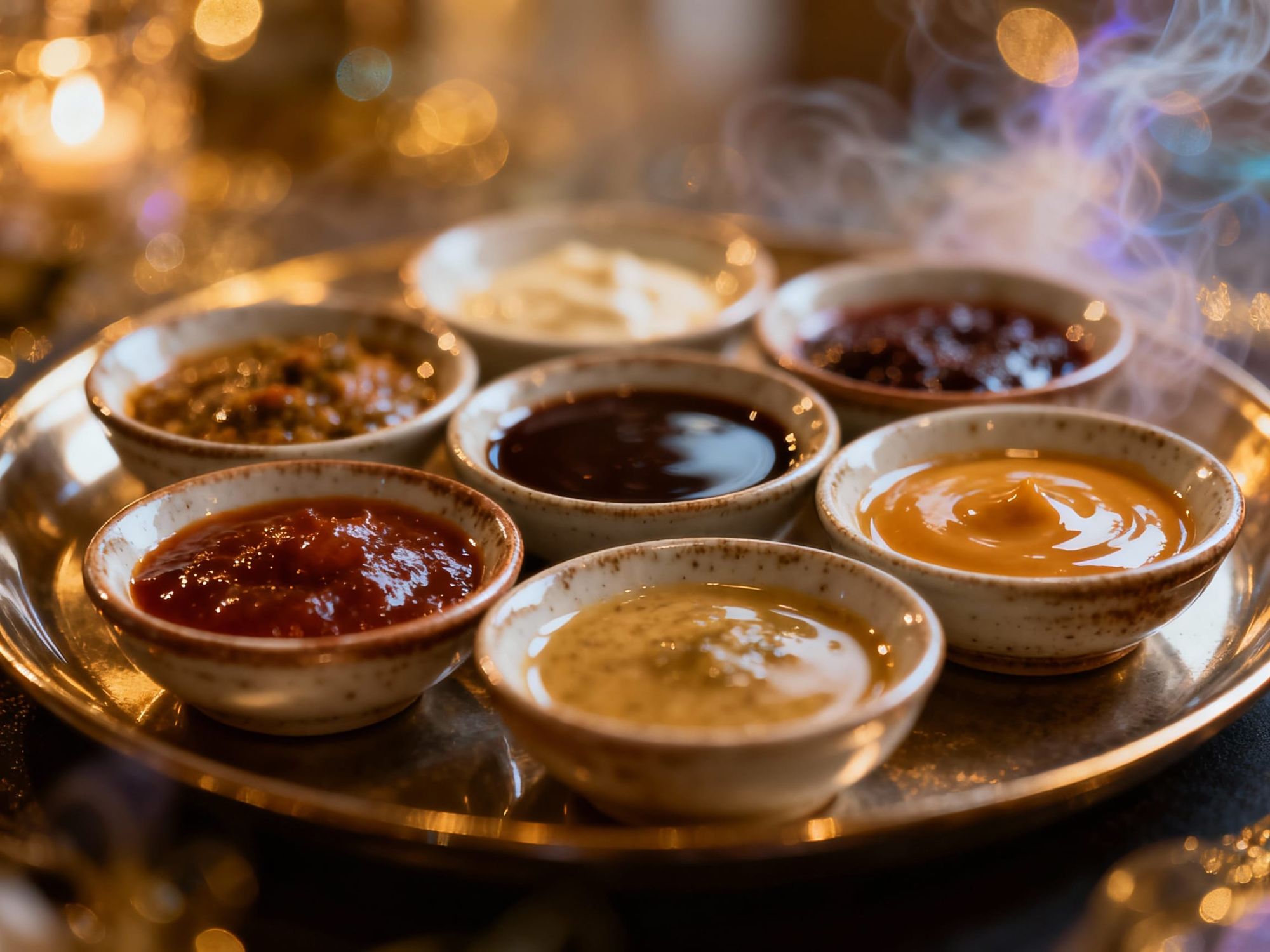 A meticulously arranged platter of gourmet sauces, each in a small ceramic dish, presented in a hyperrealistic food photography style. Soft,...
