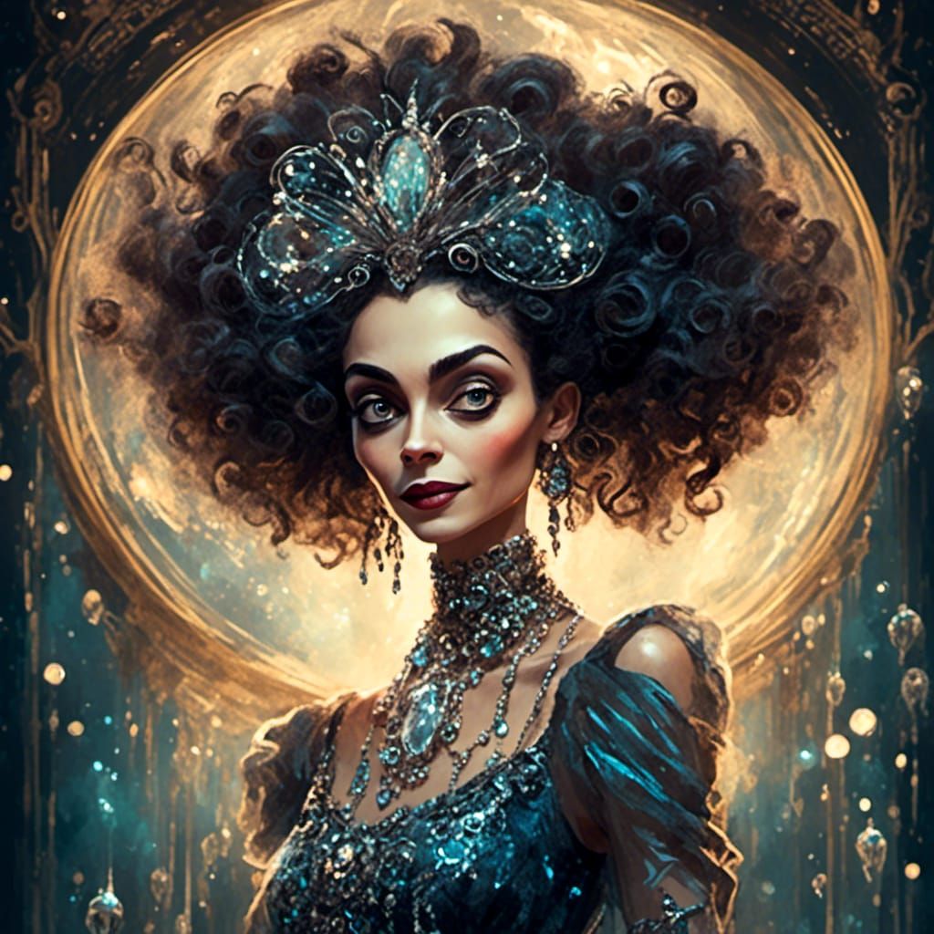 Close up portrait of a beautiful woman wearing an intricate transparent glass dress and glowing transparent glass jewelry. Dazzling night sk...