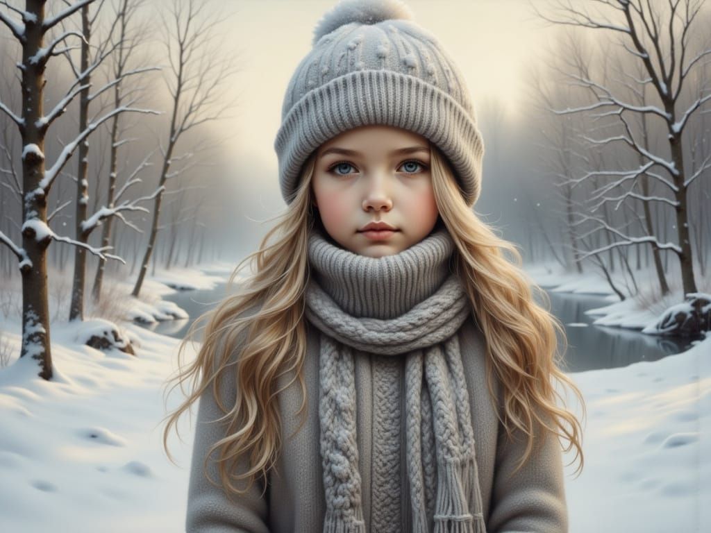 Girl in Winter Gear on Frozen Lake