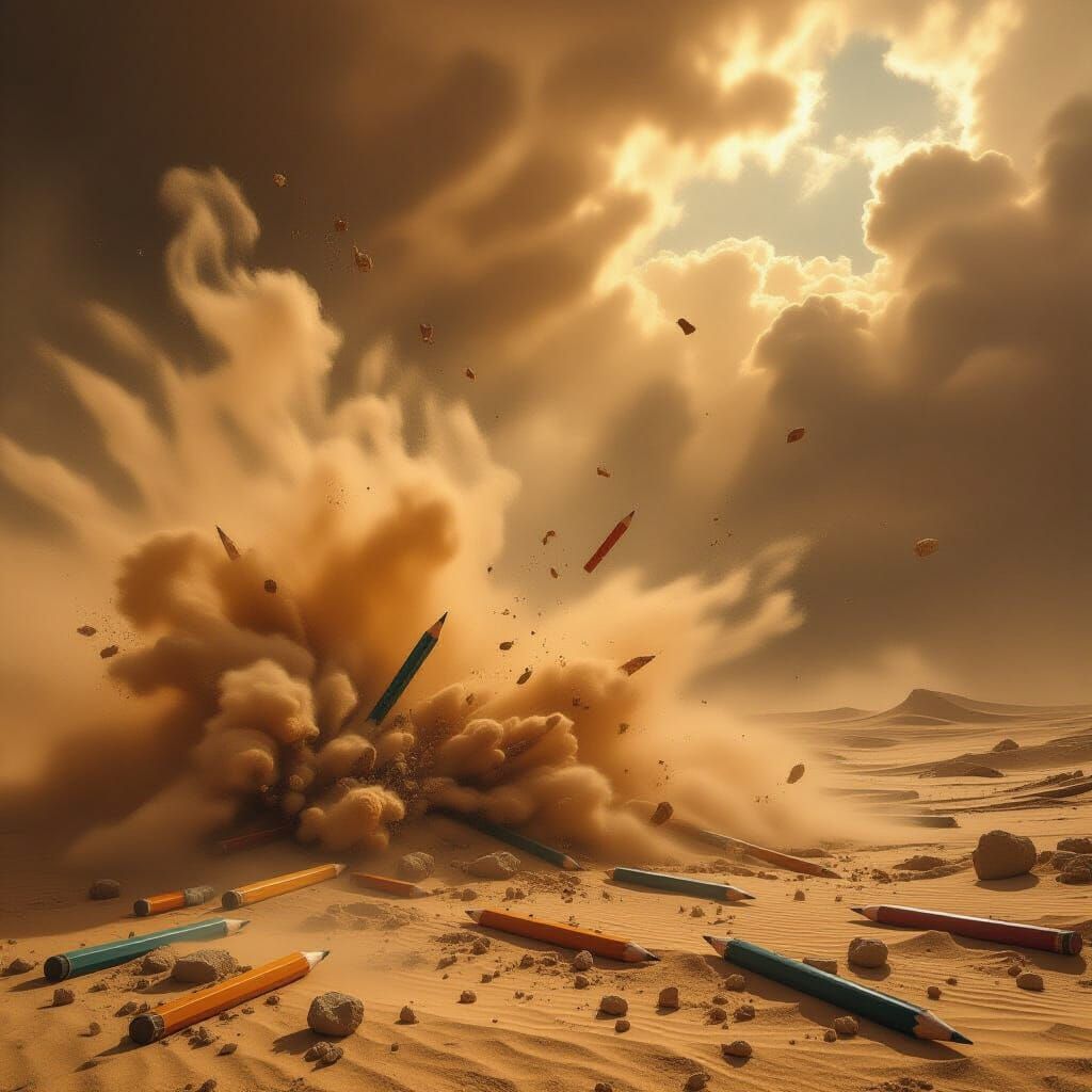 Sandstorm Engulfs Shattered Pencils in Apocalyptic Landscape
