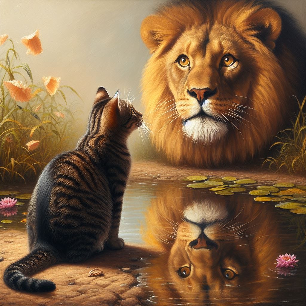 A cat seeing her reflection in water as a lion