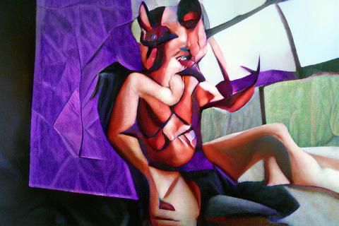 Purple Cubist painting. Devil seduction.