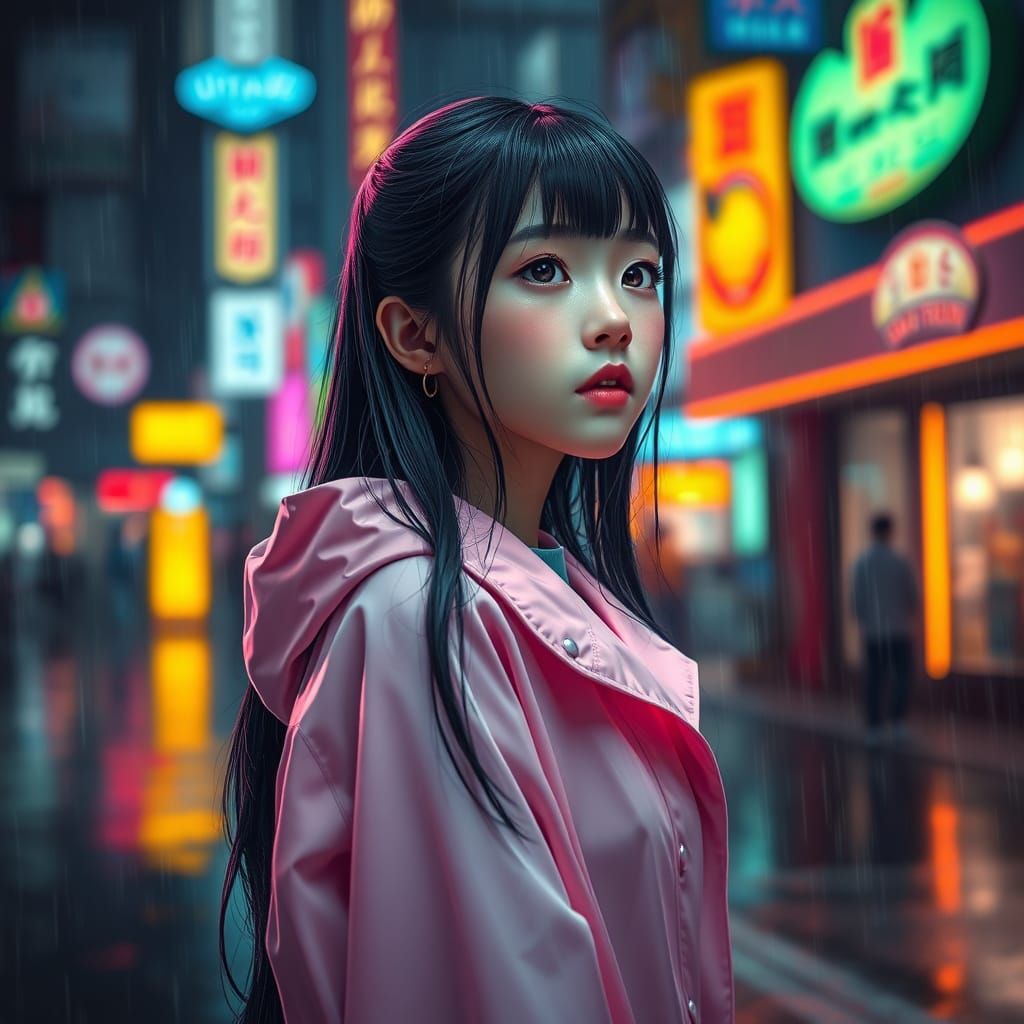 Surreal Korean Goddess in Neon Rain