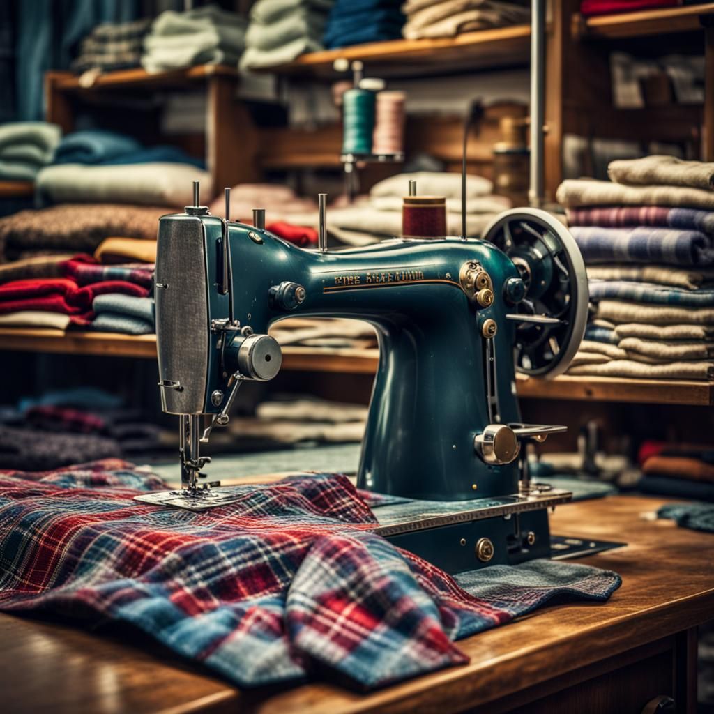Medium shot of Sewing machine with partially sewn plain skirt in a store with different plaid patterned ...  by @Ragnorok