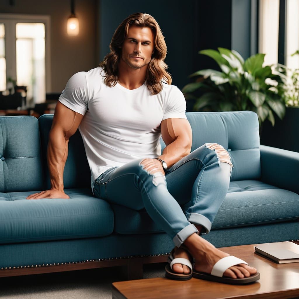 A full body shot of a muscular man wearing a white t-shirt, denim jeans and sandals sitting on a couch