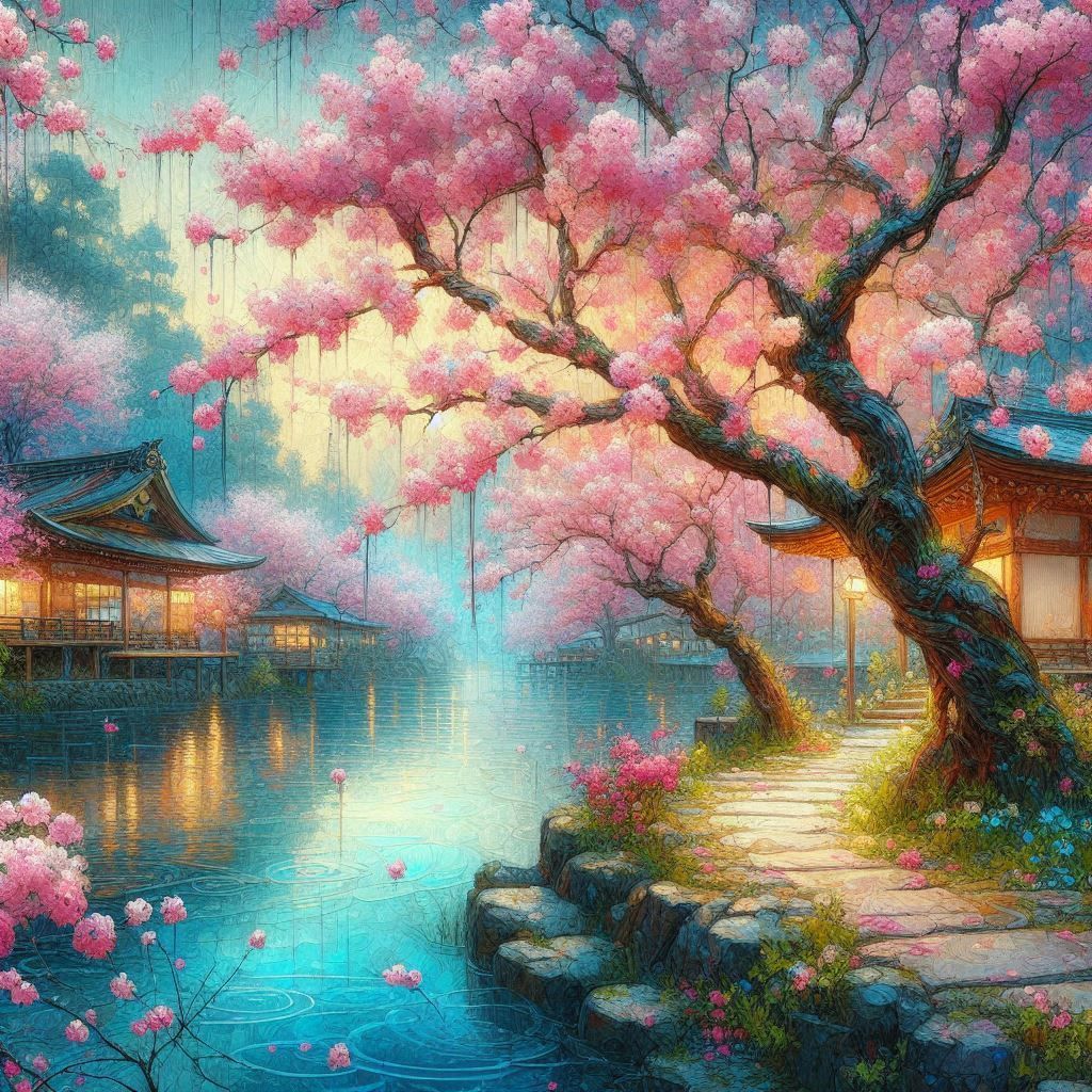 Una imagen de un paisaje japones, con cerezos en flor....