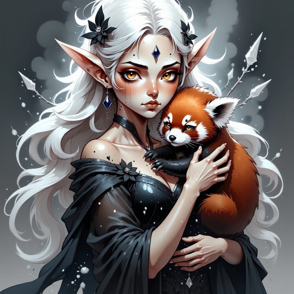 <lora:EtherealInkArchiveFx:1.0>, A stunning, elegant, and refined female elf with pale, translucent skin, she has long, flowing, and lustrou...