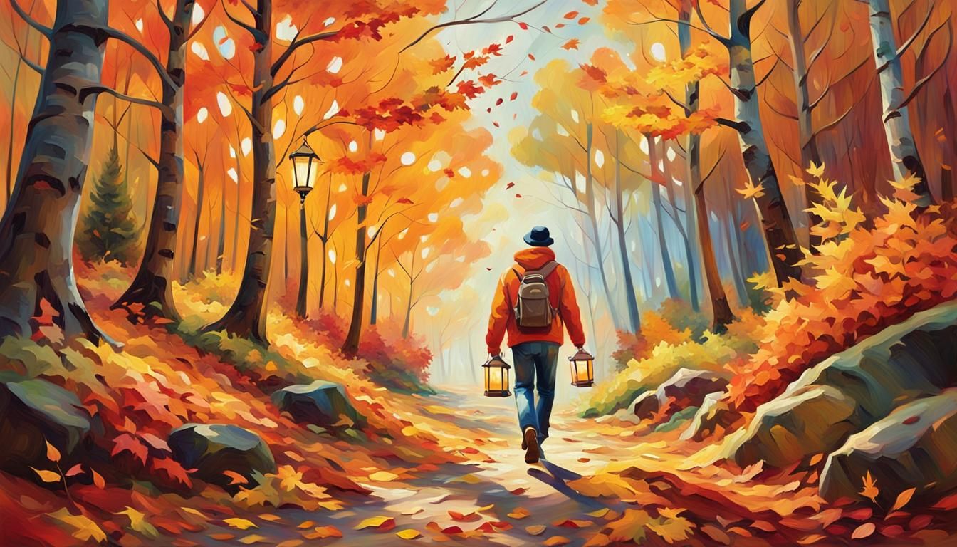 Autumn Forest Walker with Lantern, Impressionist Oil Paintin...