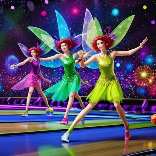 Fairies bowling on disco night, colorful, vibrant, sharp focus, high definition, high resolution 