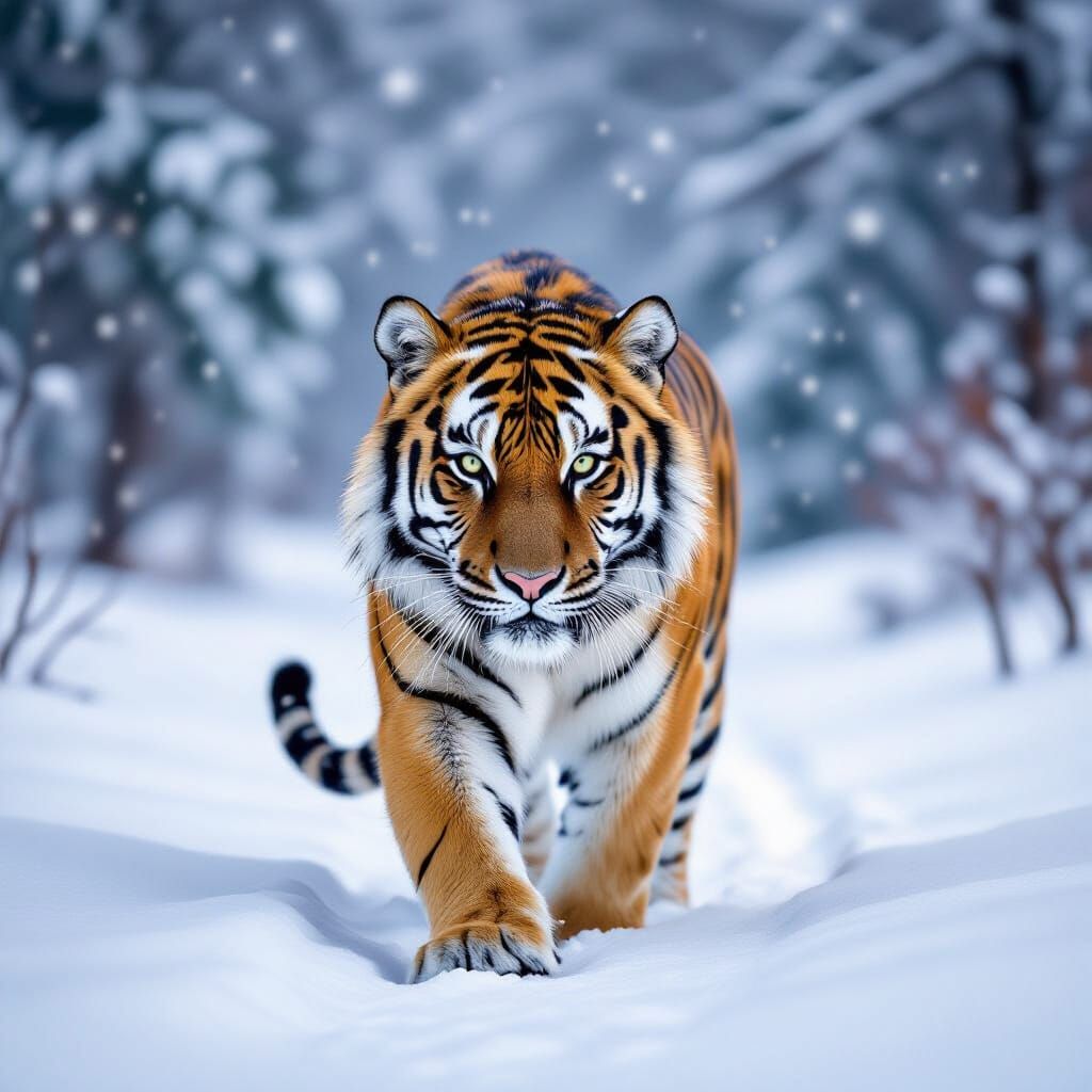 Solitary Tiger Walks Through Snowy Landscape