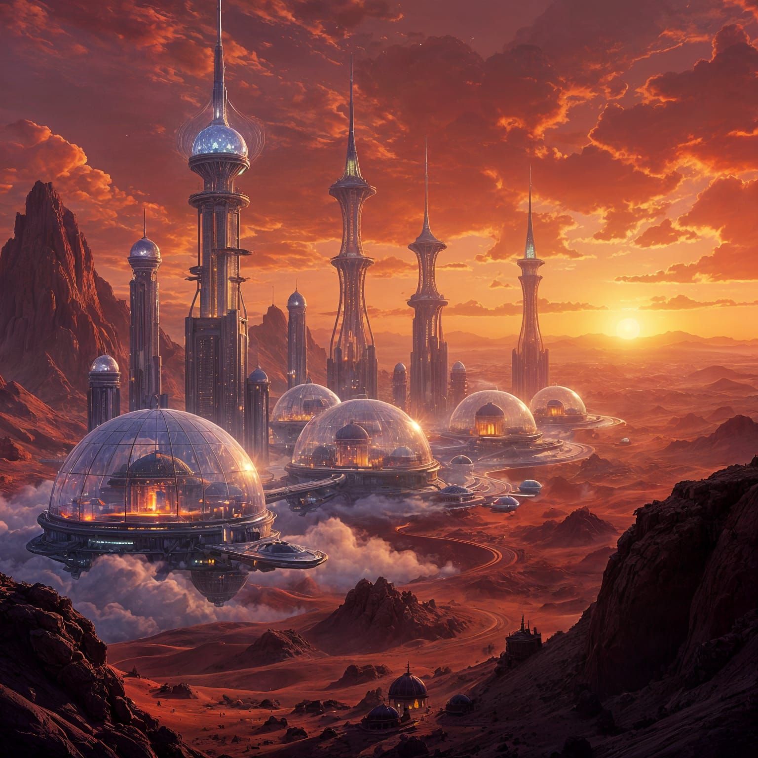 City Under the Red Sky: Futuristic glass-domed cities rise from the rusty desert, filled with floating ...  by @Schoor