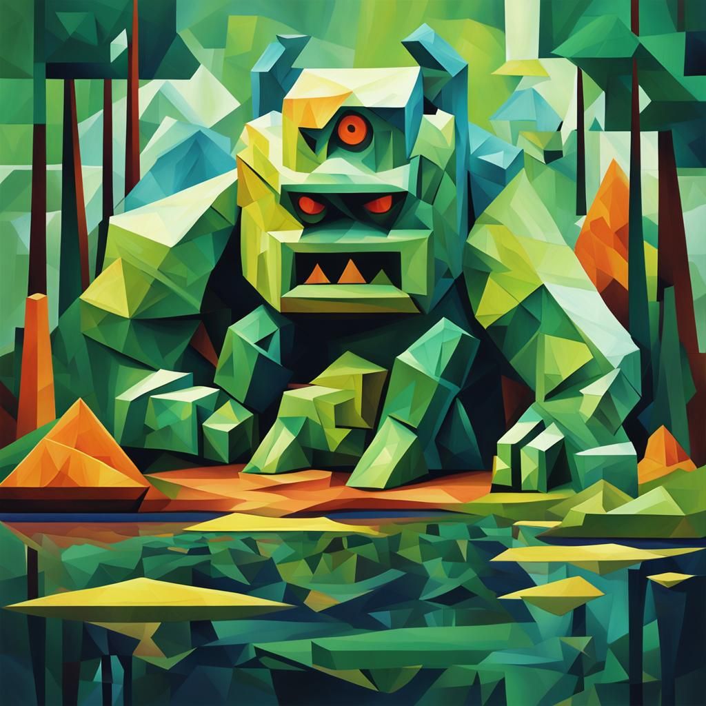 Swamp monster cubist painting, Neo-Cubism, layered overlappi...