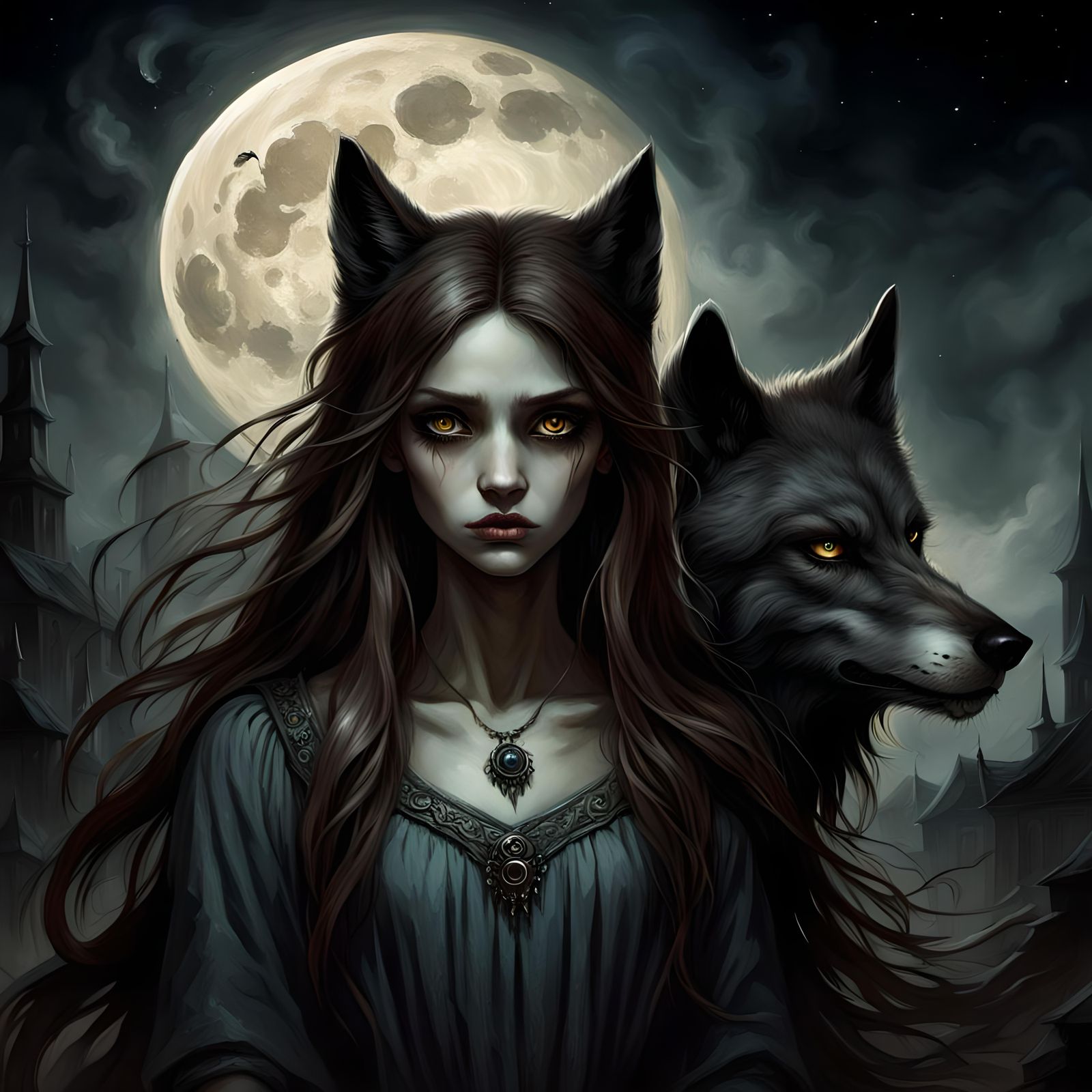 Sad Girl and Demonic Wolf in Dark Gothic Style