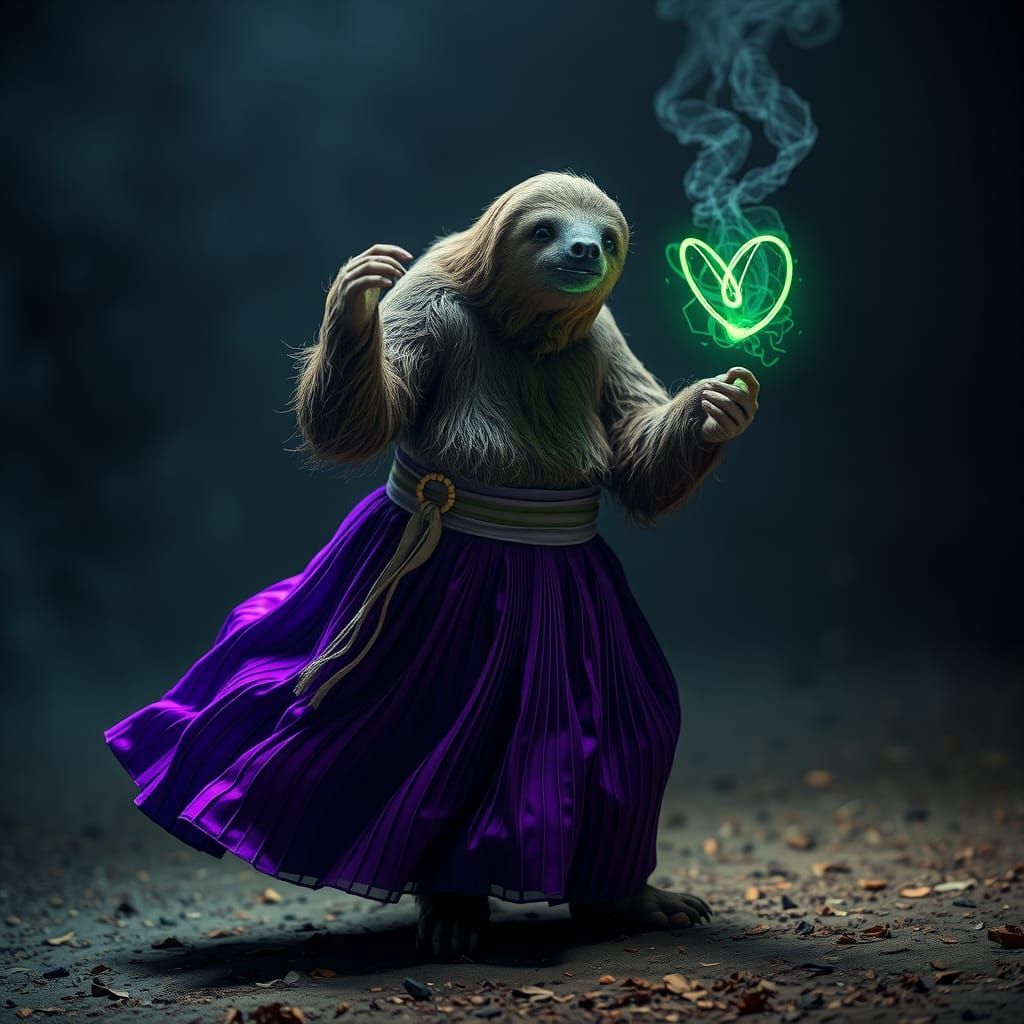 Spellcasting sloth wearing a violet kilt and surrounded by a...