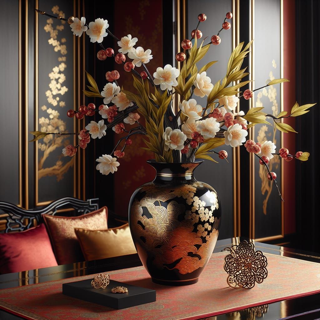 Chinese Style Black lacquered vase, with touches of gold  holding a bouquet of plum blossoms and bamboo ...  by @Lady of the Thorns