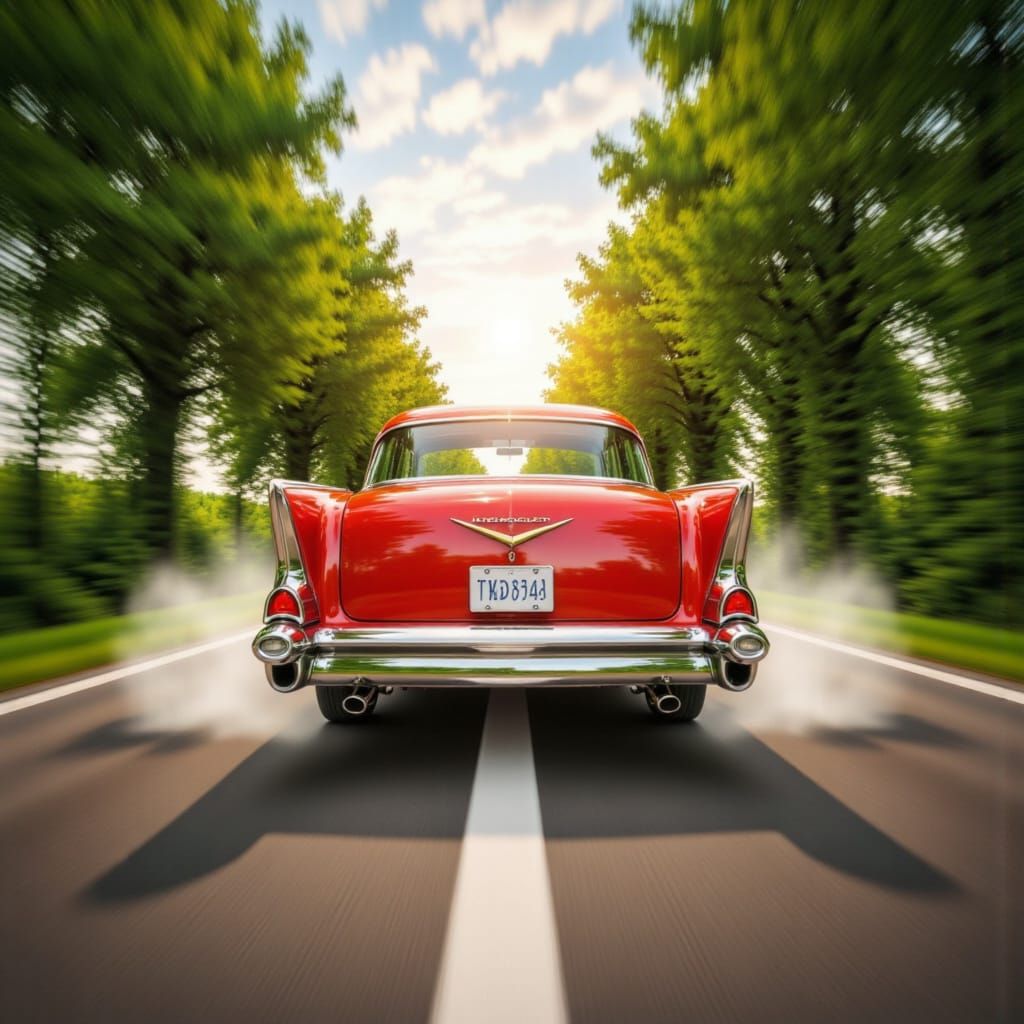 <lora:Motion Blur Speed:1.5>hotrod car racing down tree lined road