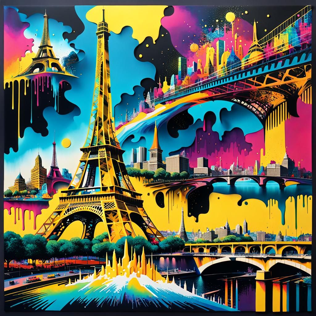 Golden Eiffel: Vibrant Cityscape Collage in Abstract Harmony