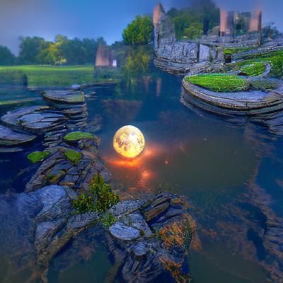 Big glowing moon reflection in a pond above castle